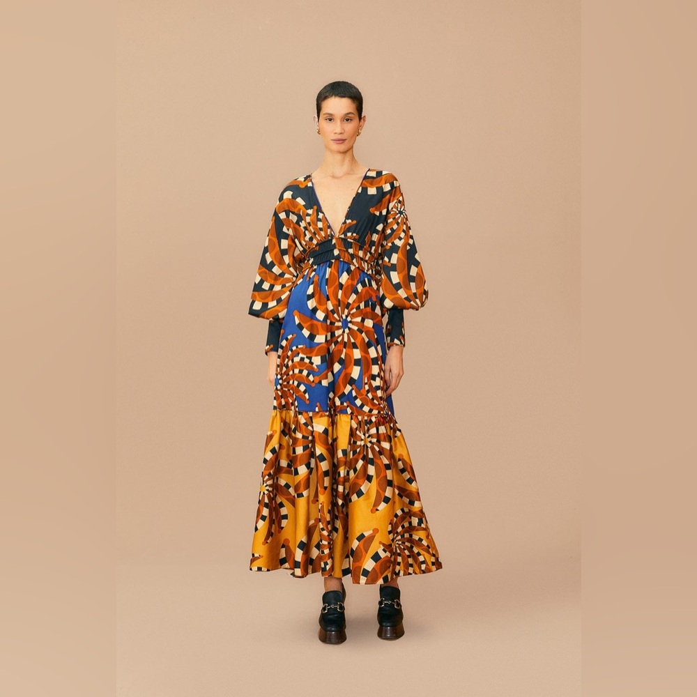 Farm Rio Mixed Bananada Long Sleeve Maxi Dress